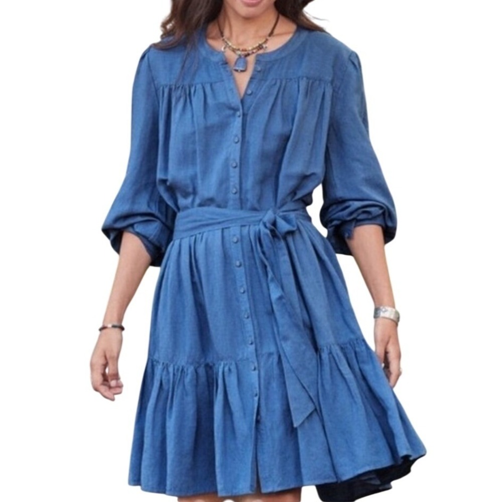 Sundance Elderflower Dress SP Blue Linen Tiered Ruffle Boho Cottage Prairie